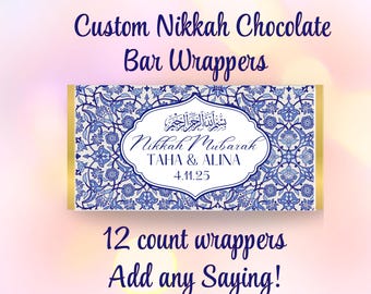 12 pc Custom Nikkah Chocolate Bar Wrappers, Nikkah Favor/ Custom Favors Katb Kitab/ For 1.4oz chocolate bars, labels 4&quot;x6&quot;