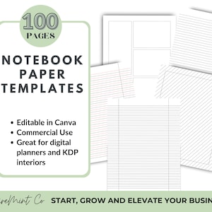 May include: A digital download of 100 notebook paper templates, editable in Canva. The templates include lined, grid, and blank pages. The text "100 Pages Notebook Paper Templates" is displayed in a green circle with a white background. The text "Editable in Canva, Commercial Use, Great for digital planners and KDP interiors" is displayed in black text on a white background. The text "InspireMint Co START, GROW AND ELEVATE YOUR BUSINESS" is displayed in black text on a green background.