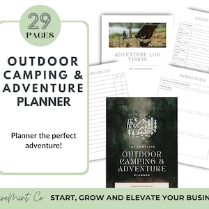 Może przedstawiać: Drukowany planer z zieloną i białą okładką przedstawiającą namiot kempingowy i góry. Tekst na okładce brzmi "The Complete Outdoor Camping & Adventure Planner". Planer ma 29 stron i został zaprojektowany, aby pomóc Ci zaplanować idealną przygodę na świeżym powietrzu.
