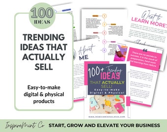 Könnte beinhalten: Ein rosa-grauer Cover für einen digitalen Download-Produkt mit dem Text "100+ Trending Ideas That Actually Sell! Easy-to-make Digital & Physical Products" und der Website-Adresse "www.inspiremintce.etsy.com".