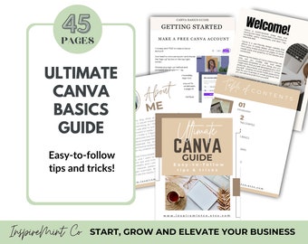 Könnte beinhalten: Ein digitaler Leitfaden in den Farben Beige und Grün. Der Leitfaden trägt den Titel "Ultimate Canva Basics Guide" und zeigt ein Foto einer Tasse Kaffee, eines Notizbuchs und eines Stifts auf einem Holztisch. Der Leitfaden umfasst 45 Seiten und enthält leicht verständliche Tipps und Tricks für die Verwendung von Canva.