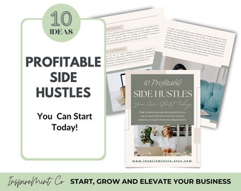 Könnte beinhalten: Eine grüne und weiße Grafik mit dem Text "10 Profitable Side Hustles You Can Start Today!" und der Website-Adresse "www.inspiremintco.etsy.com". Die Grafik befindet sich auf einem weißen Hintergrund mit einem grünen und weißen Rand.