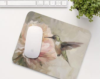 Hummingbird Mouse Pad, Flower Mouse Mat, Cute Office Desk Accessory, Aesthetic Calming Home Office Setup, Coworker Gift | MP023