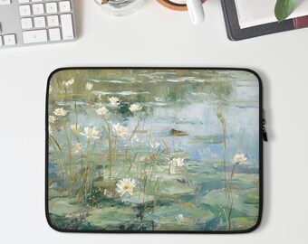 Water Lily Pond Laptop Sleeve, Macbook Sleeve for Pro or Air, 13 14 15 inch Laptop Case, Aesthetic Coworker Gift, Blue Green Artwork | LS025
