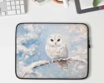 Winter Owl Laptop Sleeve, Macbook Sleeve for Pro or Air, 13 14 15 inch Laptop Case, Aesthetic Coworker Gift, Bird Lover Gift | LS034