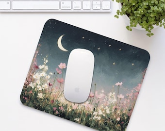 Night Garden Mouse Pad, Moon and Flowers Mouse Mat, Cute Office Desk Accessory, Aesthetic Calming Home Office Setup, Coworker Gift | MP002