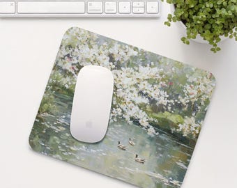 Blossoms and Duck Pond Mouse Pad, Floral Mouse Mat, Cute Office Desk Accessory, Aesthetic Calming Home Office Setup, Coworker Gift | MP027