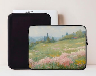 Floral Landscape Laptop Sleeve, Macbook Sleeve for Pro or Air, 13 14 15 inch Laptop Case, Aesthetic Coworker Gift, Pink Green Art | LS032