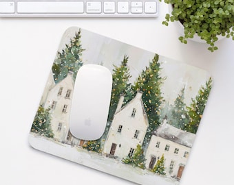 Winter Houses Mouse Pad, Christmas Village Mouse Mat, Cute Office Desk Accessory, Aesthetic Calming Home Office Setup, Coworker Gift | MP005