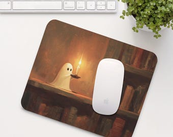 Ghost in Library Mouse Pad, Halloween Mouse Mat, Cute Office Desk Accessory, Aesthetic Bookish Home Office Setup, Coworker Gift | MP014