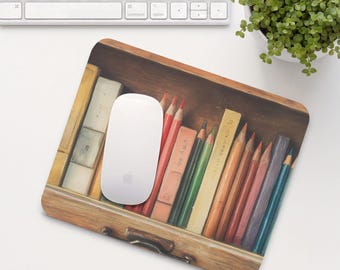 Pencils and Books Mouse Pad, Colorful Mouse Mat, Cute Office Desk Accessory, Aesthetic Calming Home Office Setup, Coworker Gift | MP013