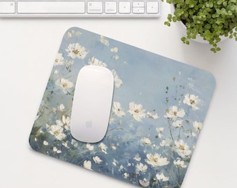 Daisies Mouse Pad, Blue and White Mouse Mat, Cute Office Desk Accessory, Aesthetic Calming Home Office Setup, Coworker Gift | MP029
