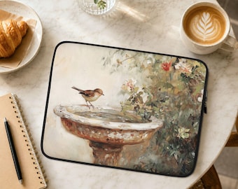 Bird at Birdbath Laptop Sleeve, Macbook Sleeve for Pro or Air, 13 14 15 inch Laptop Case, Aesthetic Coworker Gift, Bird Lover Gift | LS030