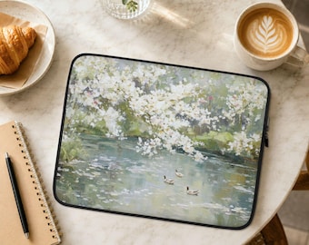 Duck Pond Laptop Sleeve, Macbook Sleeve for Pro or Air, 13 14 15 inch Laptop Case, Aesthetic Coworker Gift, Spring Blossoms Artwork | LS027