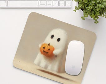 Ghost with Pumpkin Mouse Pad, Halloween Mouse Mat, Cute Office Desk Accessory, Aesthetic Home Office Setup, Coworker Gift | MP019