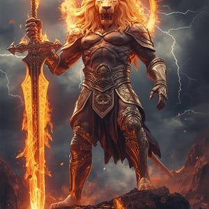 May include: A digital illustration of a lion-headed warrior holding a flaming sword, standing on a rocky surface. The warrior is clad in ornate armor, with a fiery halo around its head. The background features a stormy sky with lightning.
