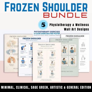 Op de afbeelding: Een bundel van vijf fysiotherapie- en wellness-wandkunstontwerpen voor frozen shoulder. De posters tonen oefenillustraties, met de tekst "Frozen Shoulder" en "Physiotherapy Exercises". Het kleurenschema is saliegroen en wit.