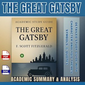Könnte beinhalten: Buchcover von "The Great Gatsby" von F. Scott Fitzgerald. Der Titel und der Name des Autors sind prominent dargestellt. Das Design umfasst eine Skyline-Silhouette und ein Oldtimer-Auto. Zusätzlicher Text: "Academic Study Guide" und "Academic Summary & Analysis."