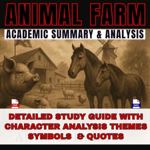 Könnte beinhalten: Illustration für "Animal Farm" mit Textüberlagerung. Das Bild zeigt ein Schwein, Pferde, Schafe und ein Huhn in einer Farmumgebung. Der Text enthält "Academic Summary & Analysis" und "Detailed Study Guide with Character Analysis Themes Symbols & Quotes."