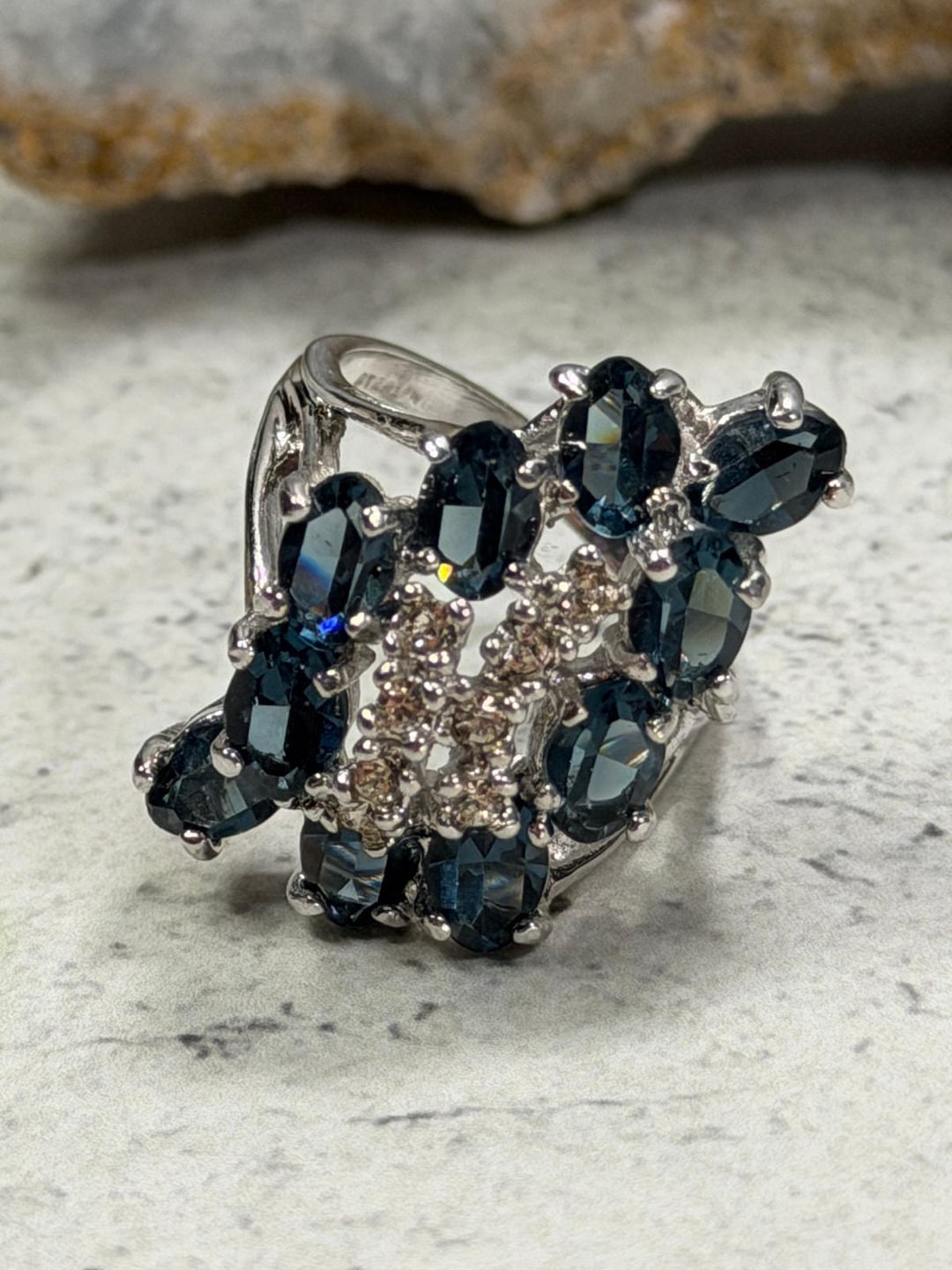 90s Waterfall Ring Blue and Clear CZ Sterling Cocktail Statement Ring ...