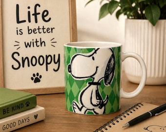 Snoopy Mug Peanuts 12oz White Green Coffee Cup. GUC