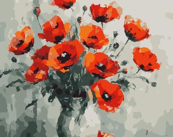 Poppy Paint by Numbers Template – Floral Bouquet DIY Canvas Art (Digital Download)