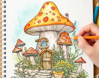 Mushroom House Coloring Pages – Whimsical Fairy Cottage Fantasy PDF