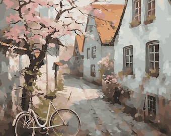 European Village Paint by Numbers | Spring Blossom Bicycle Scene (Digital Download)