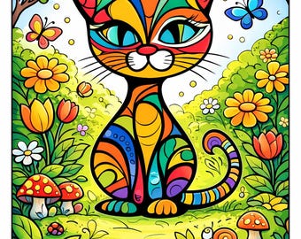 A5 Animal Coloring Book | Whimsical Cat, Flowers, Butterflies (PDF Download)
