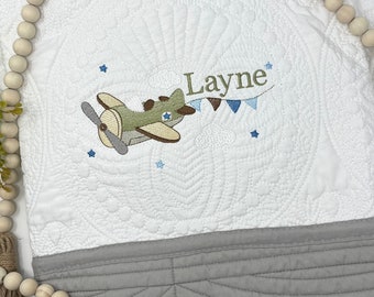 Embroidered Quilt with Airplane, Quilt with Baby's Name, Personalized Baby Quilt, Baby Boy Blanket, Airplane Nursery Decor, Heirloom Quilt