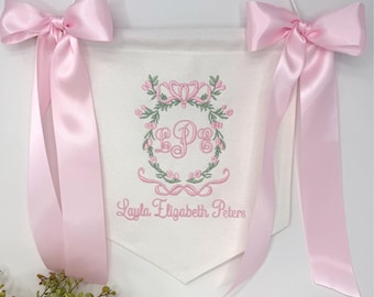 Baby Welcome Banner with Floral Crest and Bows, Personalized Baby Announcement, Custom Baby Banner, Hospital Door Sign, Baby Shower Gift