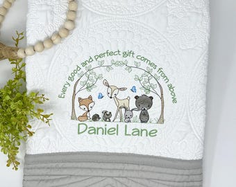 Forest Animals and Bible Verse Embroidered Baby Quilt, Embroidered Blanket, Personalized Baby Gift, Monogram Baby Blanket, Newborn Keepsake