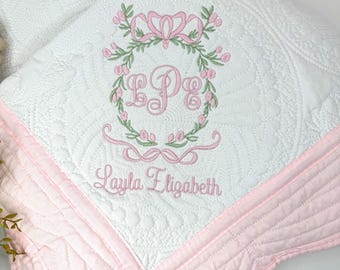 Floral Crest with Bow Embroidered Baby Quilt, Nursery Decor, Personalized Blanket, Baby Shower Gift, Gift for New Mom, Custom Baby Blanket