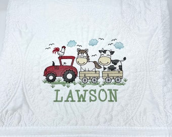Personalized Farm Animal Embroidered Baby Quilt, Baby Quilt with Tractor, Farm Nursery Decor, Baby Boy Quilt, Baby Shower Gift