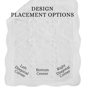 May include: A white quilted blanket with a scalloped edge. The blanket has a design of circles with a floral pattern. The text "DESIGN PLACEMENT OPTIONS" is at the top of the blanket. The text "Left Diagonal Corner", "Bottom Center", and "Right Diagonal Corner" are at the bottom of the blanket.