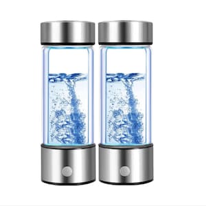 May include: Two silver water bottles with blue LED lights at the bottom. The bottles are filled with water and have a silver lid.