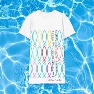 Vestido tipo camiseta con estampado de peces cristianos, vestido con versículo bíblico de Juan 14:6, pareo modesto para traje de baño, blusas con versículos bíblicos para mujer, ropa de testimonio cristiano.