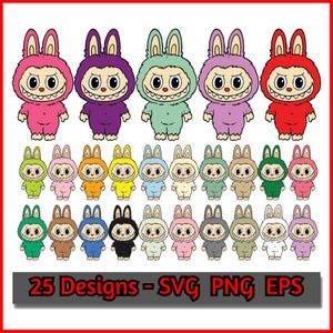 Paquete Labubu SVG PNG EPS / 25 diseños / Archivos de corte de silueta Cricut Svg / Sublimación Png / Diseños de camisetas imprimibles / Clipart de dibujos animados