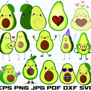 May include: A set of 12 digital clipart images featuring cute cartoon avocados with various expressions and accessories. The avocados are green with brown pits and have different facial expressions, including smiling, winking, and wearing glasses. Some avocados are holding hearts, wearing hats, or holding dumbbells.