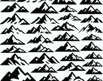 May include: A collection of black mountain silhouettes in various shapes and sizes. The image includes the file type abbreviations: EPS, PNG, JPG, PDF, DXF, and SVG.
