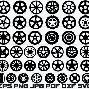 Puede incluir: Una colección de diseños de llantas de coche negras en varios estilos. Los diseños incluyen ruedas con múltiples radios, patrones en forma de estrella y elementos circulares. La imagen también incluye las abreviaturas de tipo de archivo: EPS, PNG, JPG, PDF, DXF y SVG.