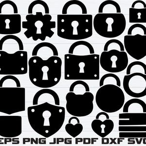 May include: A collection of black padlock silhouettes in various shapes and sizes. The image includes padlocks with rounded, square, and heart-shaped designs. The bottom of the image displays the text "EPS PNG JPG PDF DXF SVG".