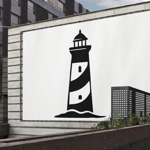 May include: A black and white graphic of a lighthouse on a white background. The lighthouse has a striped design and is set against a backdrop of a building and a cloudy sky. The image is displayed on a large outdoor billboard.