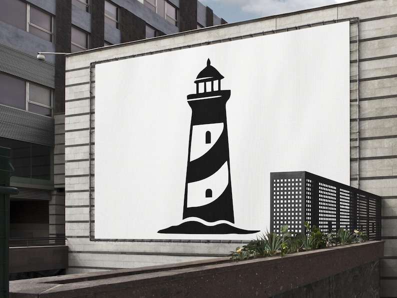 May include: A black and white graphic of a lighthouse on a white background. The lighthouse has a striped design and is set against a backdrop of a building and a cloudy sky. The image is displayed on a large outdoor billboard.
