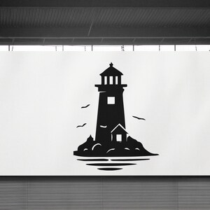 May include: A monochrome illustration of a lighthouse on a rocky outcrop, with birds in flight. The lighthouse features a square window and a small building at its base. The image is set against a white backdrop.