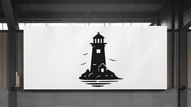 May include: A monochrome illustration of a lighthouse on a rocky outcrop, with birds in flight. The lighthouse features a square window and a small building at its base. The image is set against a white backdrop.