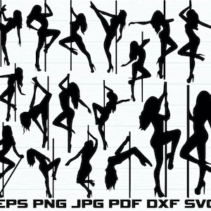 May include: Black silhouette images of women pole dancing in various poses. The image includes the text "EPS PNG JPG PDF DXF SVG" at the bottom, indicating file formats.