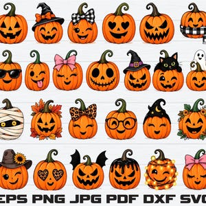 May include: A collection of twenty-four orange pumpkin illustrations featuring various expressions, accessories like hats, bows, glasses, and scarves, and decorative elements including leaves, flowers, a black cat, a ghost, and fairy lights.