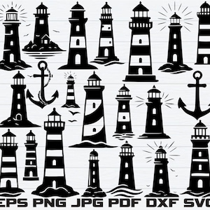 May include: A collection of black and white lighthouse illustrations in various designs. Some lighthouses have stripes, others are solid. The image also includes an anchor and the file type abbreviations: EPS, PNG, JPG, PDF, DXF, and SVG.