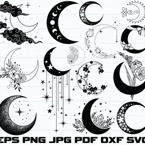 Moon Svg Bundle, Floral Moon Svg, Mystic Celestial Moon Svg, Moon and Stars Svg, Moon Cut Files For Circit, Moon Silhouette, Moon Clipart
